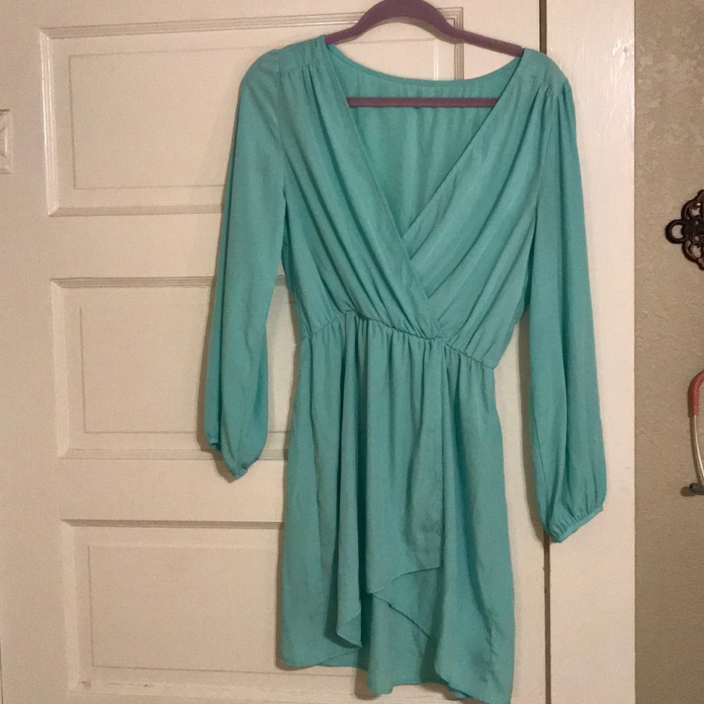 Mint green long sleeve wrap style dress